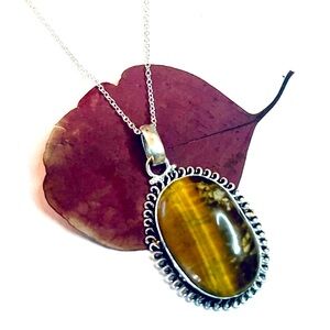 New Artisan 925 Sterling Silver Natural Tigers Eye Handmade Oblong Necklace